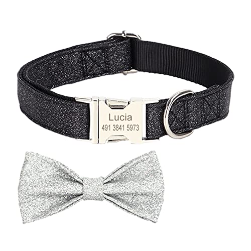 TONYFY Nylon-Hundehalsband, Personalisiertem Gravierbarem Namen und Telefon mit Abnehmbarer Schleife, Verstellbares Glänzendes Dekoratives Hundehalsband für Kleine, Mittel Große Hunde (Schwarz, XS) von TONYFY