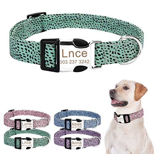 TONYFY Personalisiertes Hundehalsband, Individueller Name und Telefonnummer, Verstellbar, Verstärkter D-Ring, Stilvolles Flecken Muster, Geeignet für Kleine, Mittlere und Große Hunde (Grün, M) von TONYFY