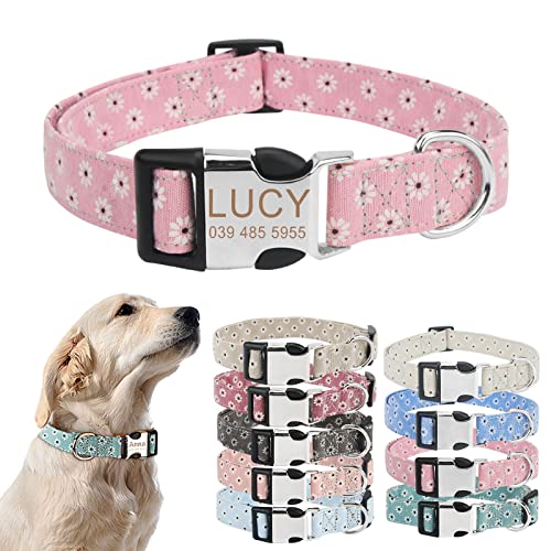 TONYFY Personalisiertes Hundehalsband mit Metallschnalle, individuelle Name und Nummer, verstellbares Haustierhalsband, Gänseblümchen Blumen Muster, für kleine, mittelgroße Hunde (Rosa, M) von TONYFY