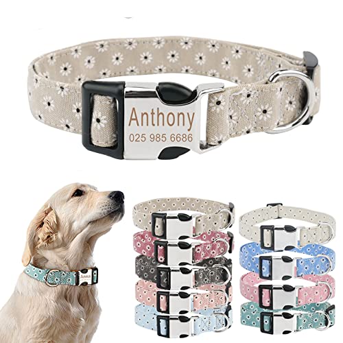 TONYFY Personalisiertes Hundehalsband mit Metallschnalle, individuelle Name und Nummer, verstellbares Haustierhalsband, Gänseblümchen Blumen Muster, für kleine, mittelgroße Hunde (Helles Khaki, M) von TONYFY