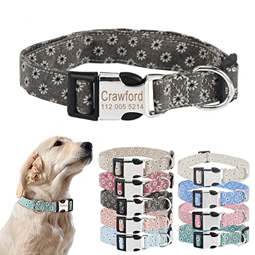 TONYFY Personalisiertes Hundehalsband mit Metallschnalle, individuelle Name und Nummer, verstellbares Haustierhalsband, Gänseblümchen Blumen Muster, für kleine, mittelgroße Hunde (Grau, M) von TONYFY