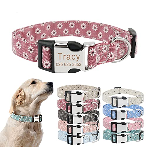 TONYFY Personalisiertes Hundehalsband mit Metallschnalle, individuelle Name und Nummer, verstellbares Haustierhalsband, Gänseblümchen Blumen Muster, für kleine, mittelgroße Hunde (Burgunderrot, XS) von TONYFY