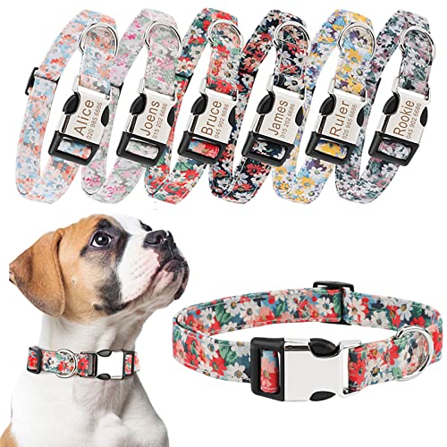 TONYFY Personalisiertes Hundehalsband, modische Vintage-Blumenmuster, individuelles Gravur Name und Telefonnummer ID-Tag, Verstellbares Haustierhalsband für kleine, mittel und große Hunde (F, M) von TONYFY