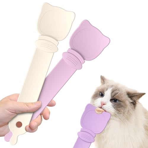 2 x Katzen-Löffel, Katzen-Leckerlöffel, Leckerlis-Löffel, Quetschen, Katzenlöffel für Nassfutter, einfaches Griff-Design, Rosa und Weiß von TOOGOND