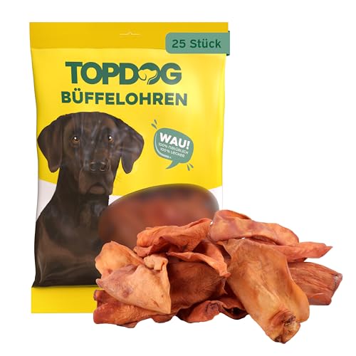 Topdog Büffelohren für Hunde 25 Stück - Wie Rinderohren - Ganze getrocknete Rinderohren für Hunde ohne fettige Muschel - 100% natürlich - Knabberohren mit Kauspaß, Genuss und Pflege von TOP DOG Heimtiernahrungs GmbH