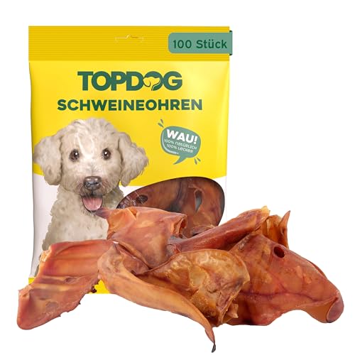 TOP DOG Getrocknete Schweineohren Hunde 100 Stück aus Deutschland | 100% natürlich ohne Zusatzstoffe | Schweinsohren Hunde Leckerlis | Dein Hund wird verrückt danach sein, Pfote drauf von TOP DOG Heimtiernahrungs GmbH