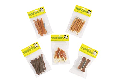 TOP Dog Snack Pack - Probiergröße small für Hunde (Hähnchenbrustfilet 80g, Entenbrustfilet 80g, Kaninchenohren m. Huhn 70g, Kaustange m. Huhn 70g, Kauknochen m. Ente 2 Stck.) von TOP DOG Heimtiernahrungs GmbH