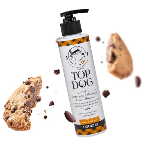 TOP DOG Entwirrendes Hundeshampoo mit Spülung - Einfaches Bürsten – 94% Natürliche Inhaltsstoffe – Herrlicher Keksduft - Kostensparend, Ergibt 5 Liter von TOP DOG