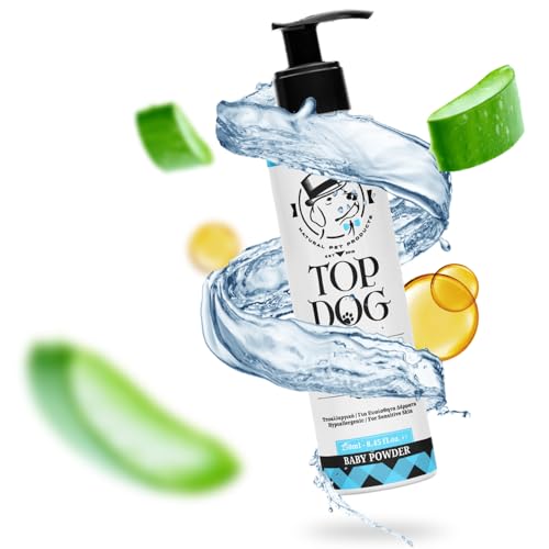 TOP DOG Hundeshampoo und Spülung für Sensitiv Haut – 94% Natürliche Inhaltsstoffe, 80 % Aloe Vera - Babypuderduft - Konzentriert, Ergibt 5 Liter von TOP DOG