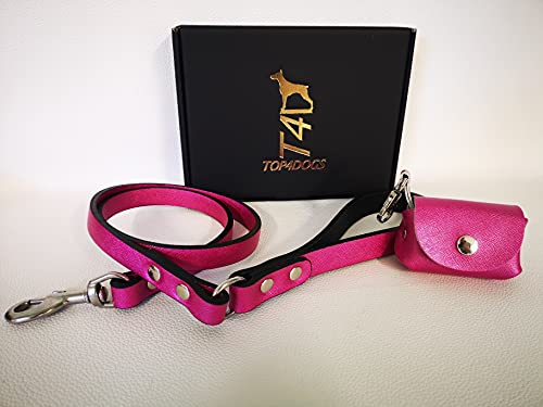 TOP4DOGS® Leine mit Beutelhalter, Halsband für Hunde aus echtem Leder, hergestellt in Italien, Farbe Magenta von TOP4DOGS