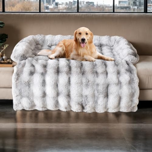 Topchances Hundesofabett, Hundesofa, Bettmatte, Kaninchenfell, Plüsch-Möbelschutz, Haustier-Sofa-Matte für Hunde und Katzen, Farbverlauf, Grau, 90 x 90 x 13 cm von TOPCHANCES