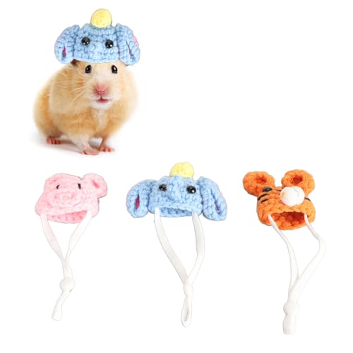 TOPINCN 3 Stück Mini-Strickmützen für Haustiere, Niedliche Kleine Meerschweinchenmütze mit Verstellbarem Riemen, Hamster-Zubehör, Mini-Partyhüte für Kuscheltiere für Schlangen, Bärtige von TOPINCN