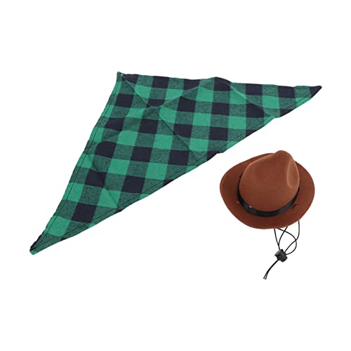 TOPINCN Cowboy-Hut und Schal für Hunde, 2-teiliges Polyester-Material, Haustier-Kostüm für Urlaubsrequisiten Zum Anziehen von Cowboy-Hut (braun + grünes Gitter) von TOPINCN