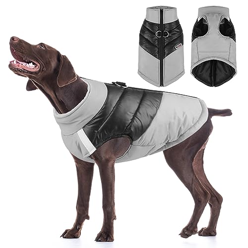 Hundemantel wasserdicht Winddicht Haustier warme Jacke Outdoor, Rollkragen Outfit Weste kalten Winter Kleidung für mittelgroße Hunde - weiche dicke Baumwolle gefüttert, mit Geschirr D-Snap, Grau 4XL von TOPSOSO