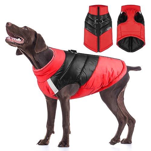 Hundewintermantel wasserdicht kaltes Wetter warme Jacke für mittlere große Hunde gemütlich Winddicht schneesicher Winterweste mit hohen Kragen Zip Up Haustier Bekleidung Outdoor-Kleidung, Rot 3XL von TOPSOSO