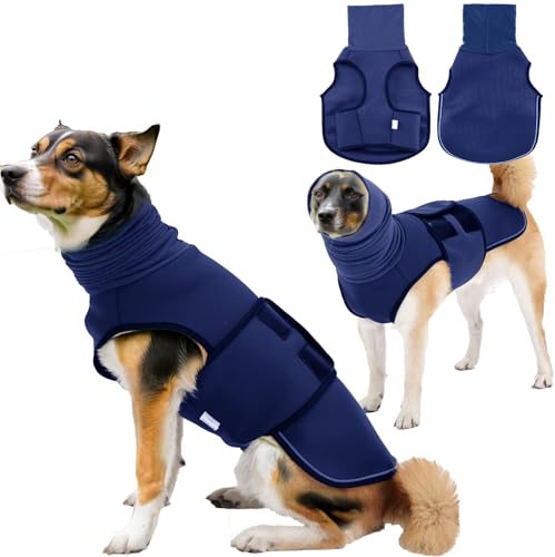 TOPSOSO Anti-Angst-Hundejacke mit Kapuze Rollkragen Hundeweste Beruhigungsmantel Klettverschluss zur einfachen Einstellung und Reflektierenden Streifen Hundemantel für ängstliche Großer Hunde(Navy L) von TOPSOSO