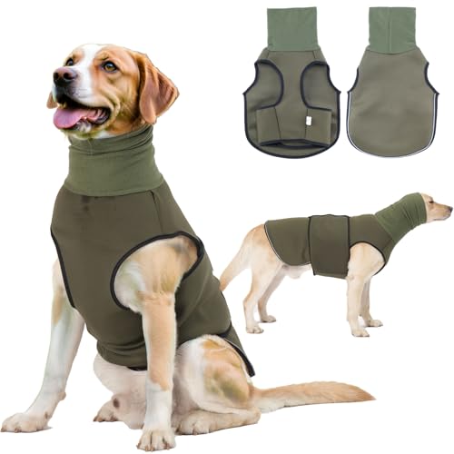 TOPSOSO Anti-Angst-Hundejacke mit Kapuze Rollkragen Hundeweste Beruhigungsmantel Klettverschluss zur einfachen Einstellung und Reflektierenden Streifen Hundemantel für ängstliche Großer Hunde(Olive L) von TOPSOSO