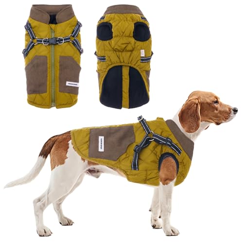 TOPSOSO Hundejacke Hundemantel mit Geschirr und Taschen Hundejacke Winterweste Reißverschluss Reflektierenden Streifen Doppel-D-Ring Hundeweste Mode Patchwork Hundejacke Mittlere Hunde(Senfgrün XXL) von TOPSOSO