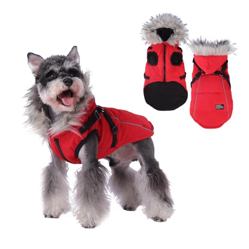 TOPSOSO Hundejacke Winterweste Dehnbar Daunenjacke Hoodie mit Geschirr Doppelte D-Ring Hundemantel für Hunde Winter Reflektierender Streifen Hundewinterjacke Reißverschluss für Mittlere Hunde(Rot XXL) von TOPSOSO