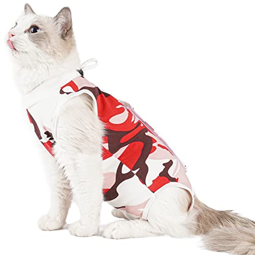 TORJOY Cat Surgical Recovery Suit, Bauchwunden Kegel E-Collar Alternative Anti-Lecken oder Hautkrankheiten Haustier chirurgische Erholung Pyjama Anzug, Weicher Stoff Onesies für Katzen (M, Rot) von TORJOY