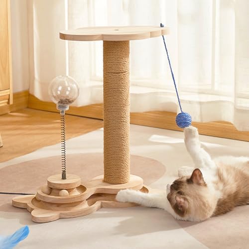 TOTHDATE 4-in-1-Kratzbäume für Indoor-Katzen, Holz-Katzen-Leckerli-Spielzeug mit hängendem Ball, auslaufender Futterball, interaktives Katzenspielzeug für Indoor-Katzen von TOTHDATE