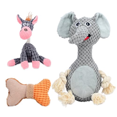 TOWEAR Quietschendes Hundespielzeug für kleine und mittelgroße Hunde, niedliches lustiges Welpenspielzeug, weiches Kauspielzeug für Hunde, interaktives Hundespielzeug-Set inkl. Esel/Elefant/Knochen, von TOWEAR