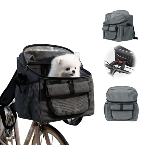 Hunde-Fahrradkorb, erweiterbar, weiche Seiten, Haustier-Tragetasche, Rucksack, Hunde-Fahrradkorb, Tragetasche mit 2 seitlichen Aufbewahrungstaschen, für kleine Hunde, Katzen, Welpen, Grau von TOWEBOORY