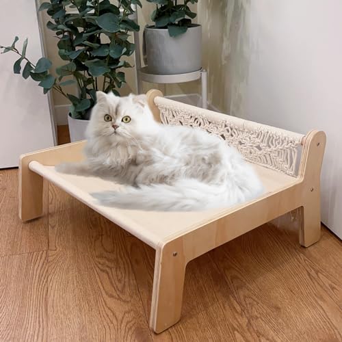 TOYAFUN Boho Katzen-Hängemattenbett - Makramee Erhöhtes Katzenbett für Indoor-Katzen, freistehender atmungsaktiver Katzenstuhl, Holz-Katzenschaukelbett, Haustiermöbel, Geschenk für Katzen und kleine von TOYAFUN