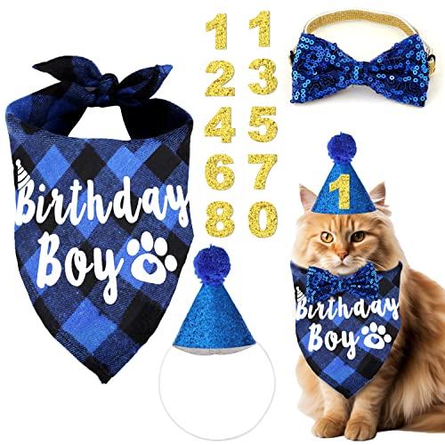 TOYMIS Katzen Geburtstagsparty Zubehör, mit Geburtstagsmütze Krawatte Geburtstagsnummer Katzen Geburtstags Bandana Katzengeburtstagsparty Zubehör für Katzen Party Dekoration (Blau) von TOYMIS