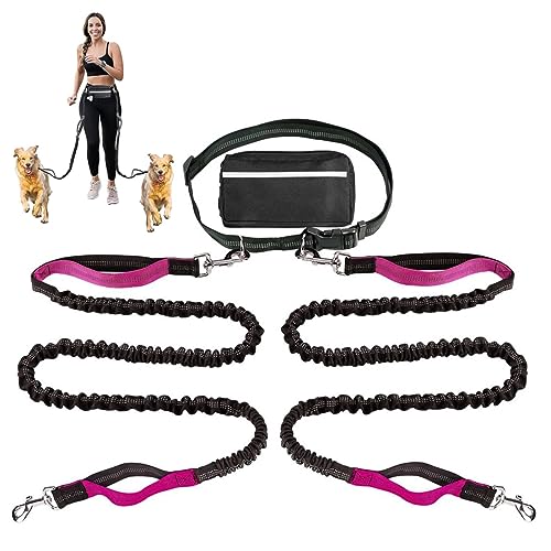 Doppelte Hundeleine, Multifunktionale Reflektierende Stiche Hände Frei Hundeleine Für Laufen Walking Jogging Training Wandern Mit Gürteltasche (Color : Rose) von TQQEPOOL