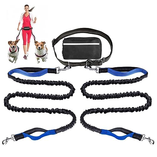 Retractable Hände Frei Hundeleine Mit Dual Bungees Für 2 Hunde, Verstellbare Gürtel Gürteltasche Für Running Walking Wandern Jogging Biking (Color : Blue) von TQQEPOOL