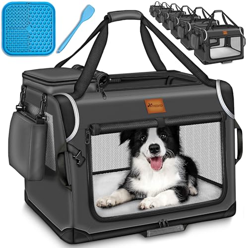 TRESKO® Hundebox faltbar inkl. Leckmatte, Spatel & Reflektoren L 70x52x52cm | Transportbox für Hunde und Katzen | Hundetransportbox Auto für kleine & große Hunde | Hundetasche robust Anthrazit von TRESKO