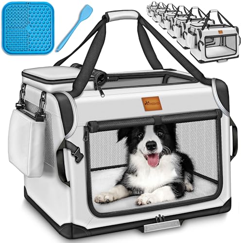 TRESKO® Hundebox faltbar inkl. Leckmatte, Spatel & Reflektoren L 70x52x52cm | Transportbox für Hunde und Katzen | Hundetransportbox Auto für kleine & große Hunde | Hundetasche robust Grau von TRESKO