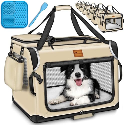 TRESKO® Hundebox faltbar inkl. Leckmatte, Spatel & Reflektoren M 61x42x42cm | Transportbox für Hunde und Katzen | Hundetransportbox Auto für kleine & große Hunde | Hundetasche robust Beige von TRESKO