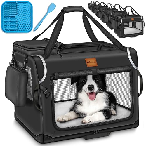 TRESKO® Hundebox faltbar inkl. Leckmatte, Spatel & Reflektoren M 61x42x42cm | Transportbox für Hunde und Katzen | Hundetransportbox Auto für kleine & große Hunde | Hundetasche robust Schwarz von TRESKO