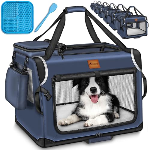 TRESKO® Hundebox faltbar inkl. Leckmatte, Spatel & Reflektoren S 50x34x34cm | Transportbox für Hunde und Katzen | Hundetransportbox Auto für kleine & große Hunde | Hundetasche robust Navyblau von TRESKO