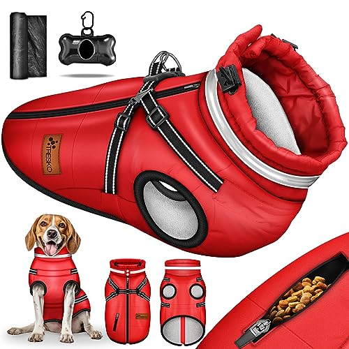 TRESKO® Hundejacke Winter mit Reflektoren inkl. 15 Stück Kotbeutel + Spender | Hunderegenmantel wasserdicht | Hundemantel mit Geschirr | Hunde Winterweste gefüttert (S, Rot) von TRESKO