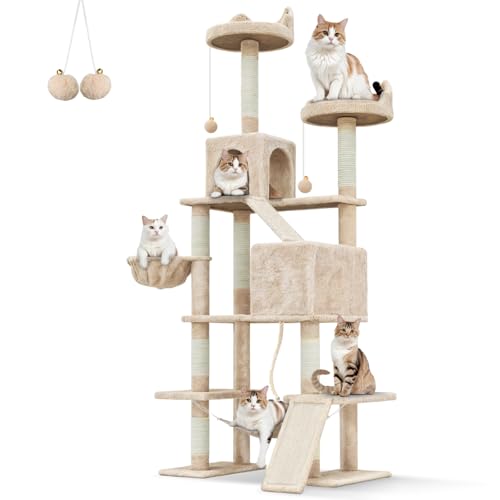 TRIUMPHKEY Kratzbaum, 209cm großer Katzenturm mit Kratzbaum, Katzenspieltürme für Wohnungskatzen, Katzenkletterturm, Aktivitätsbäume für Katzen mit Sisalstange, Hängematte (Beige) von TRIUMPHKEY