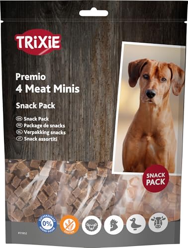 TRIXIE PREMIO 4 Meat Minis Snack Pack - vier leckere Sorten: Huhn, Ente, Rind und Lamm - Glutenfrei - ohne Zuckerzusatz - Fleischgehalt 89 % - 4 x 100 g - 31852 von TRIXIE