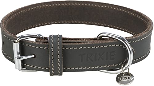 TRIXIE Rustic Halsband Leder Größe M–L: Halsumfang 42–48 cm/25 mm in grau - genähtes Lederhalsband für mittelgroße bis große Hunde, in klassischem Design, schonendes Anleinen, 19049 von TRIXIE