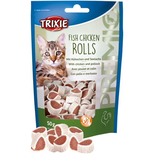 Trixie Premio Fish Chicken Rolls | 50 g | Ergänzungsfuttermittel für Katzen | Mit Hühnchen und Seelachs | Glutenfrei, ohne Zuckerzusatz | Verschließbarer Beutel von TRIXIE