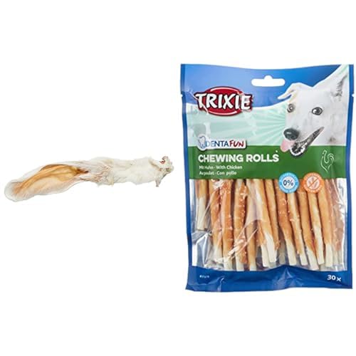 Trixie 27126 Kaninchenohren mit Fell, 500 g & glutenfreie Hühnchen Kaurolle Denta Fun Chicken Chewing Rolls, 12 cm, 30 St./240 g - 31378 von TRIXIE