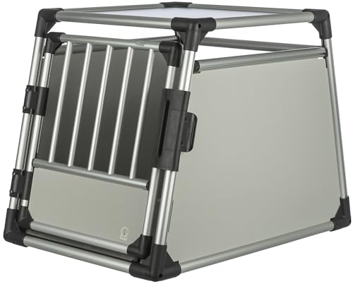 TRIXIE Hunde-Transportbox Aluminium in silber – M: 55 × 62 × 73 cm, stabile und geräuscharme Hundebox mit abgeschrägten Seiten, Sicherheitsverschluss & rutschfester Liegematte – 39342 von TRIXIE