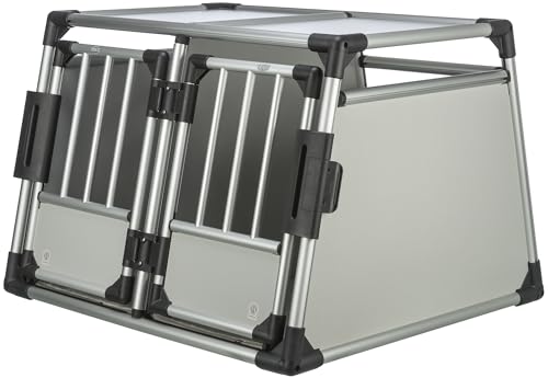 TRIXIE Doppel-Transportbox Aluminium – Hundebox für zwei Hunde bis zu 50 kg, 93 × 64 × 83 cm, mit herausnehmbarer Trennwand, Sicherheitsverschluss vorne & rutschfester Liegematte – 39345 von TRIXIE