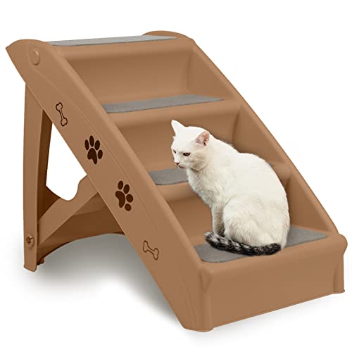 TRMLBE Hundetreppe Katzentreppe 49cm Hundetreppe für Kleine Hunde & Katze Treppe Haustiertreppe mit 4 Stufen Klappbare Hunde Treppen Max. bis zu 75kg Tierampe aus Kunststoff, für Hund Katzen (Braun) von TRMLBE