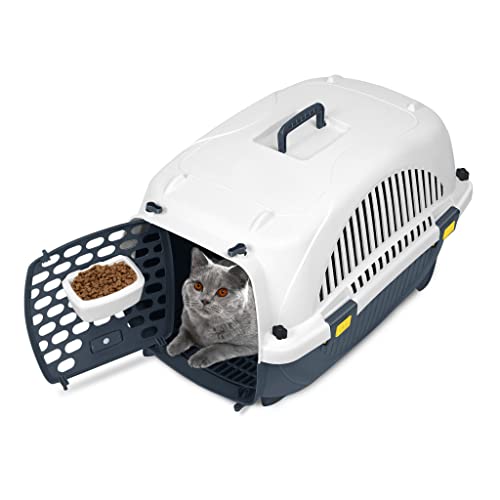 TRMLBE Transportbox Katze 61x37x37cm Hundebox Katzentransportbox aus Kunststoff mit Tragegriff und Fressnapf Tiertransportbox für Katzen Kleiner Hund Kaninchen Haustiere - Grau von TRMLBE