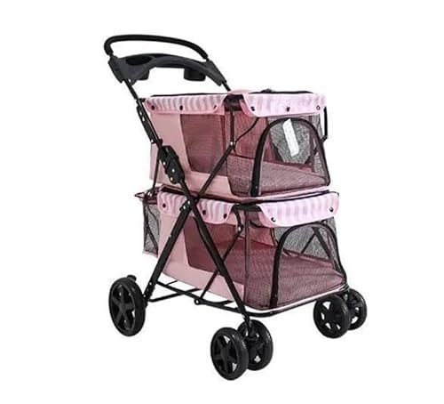 TRgqify-KM Tragbarer, zusammenklappbarer Doppeldecker-Haustier-Kinderwagen for 2 Haustiere, 4 Räder, Doppel-Katzen- und Hunde-Kinderwagen, Outdoor-Reisen (Color : Pink) von TRgqify-KM