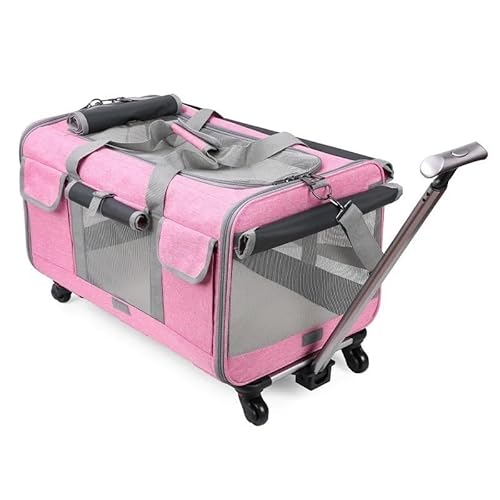 TRgqify-KM Tragbarer Haustier-Trolley, abnehmbare Universalräder, atmungsaktiv, faltbar, großes Fassungsvermögen, Welpen- und Katzenzubehör (Color : Pink) von TRgqify-KM