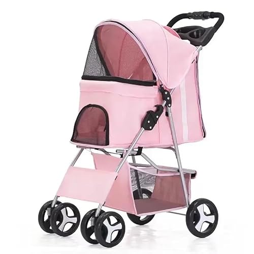 TRgqify-KM Tragbarer zusammenklappbarer Haustier-Kinderwagen for Katzen und Hunde mit vier Rädern, Haustier-Ausflugskinderwagen mit Dachfenster (Color : Light Pink) von TRgqify-KM