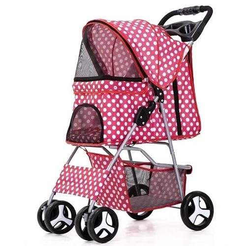 TRgqify-KM Tragbarer zusammenklappbarer Haustier-Kinderwagen for Katzen und Hunde mit Vier Rädern, Haustier-Ausflugskinderwagen mit Dachfenster (Color : Pink Spot) von TRgqify-KM